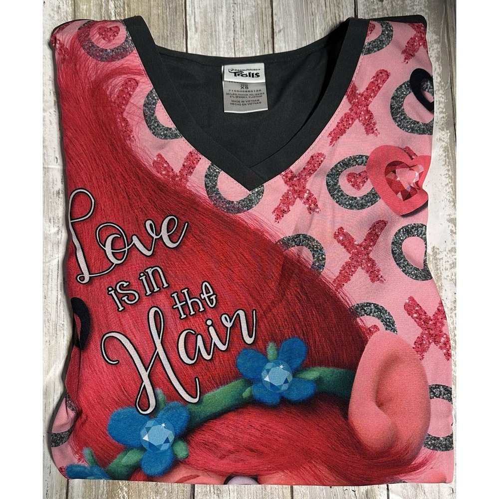 NWT Cherokee Scrubs Womens Size XS Grey‎ Pink Tooniforms Disney Trolls Scrub Top